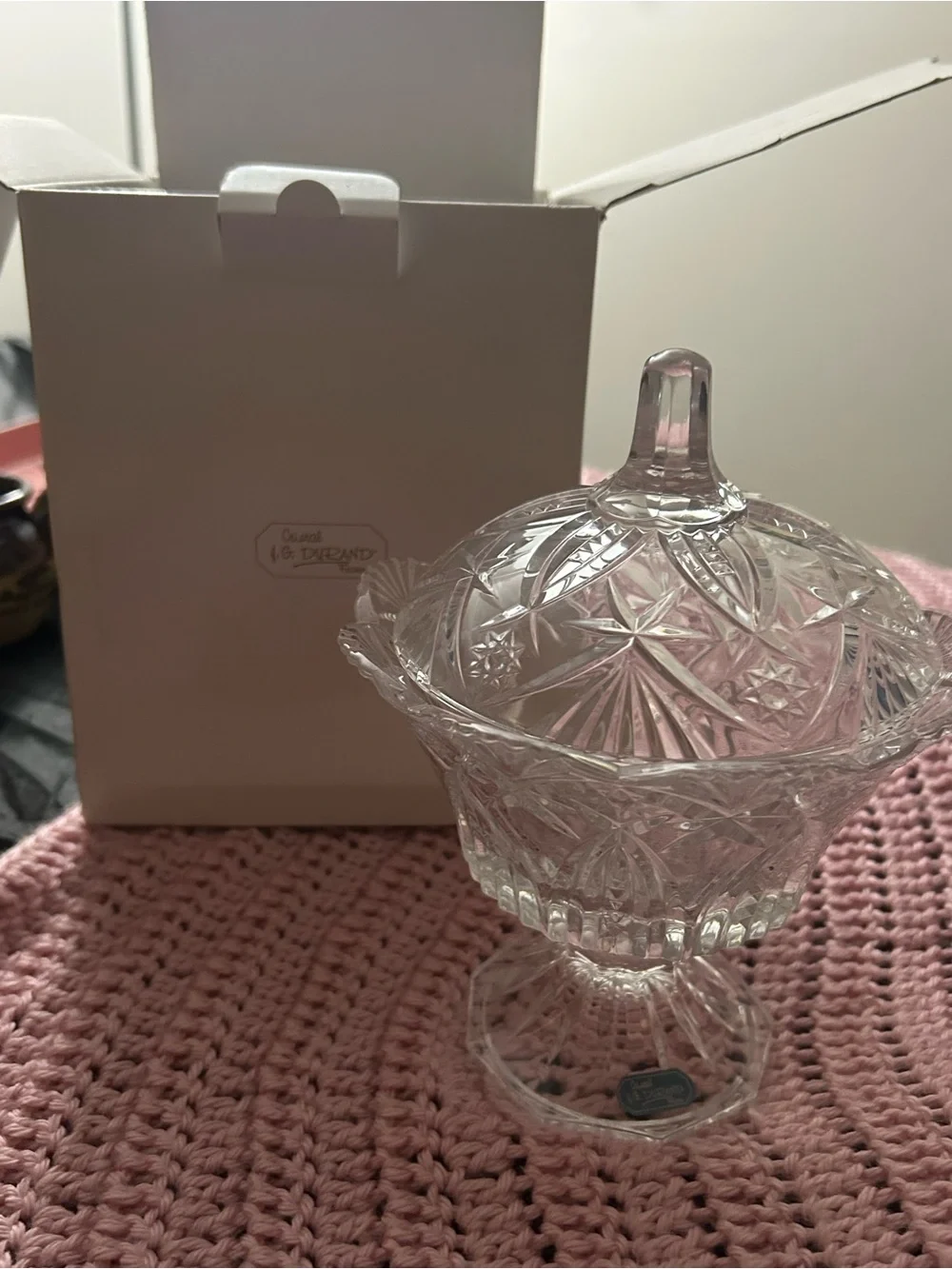 Clear Cut Glass Covered Candy Dish from France brand new in box